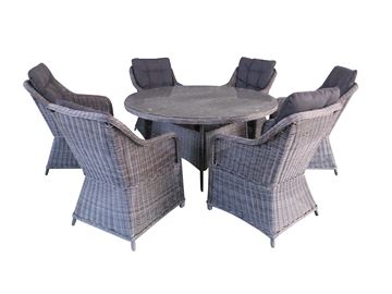 Havemøbelsæt model Sevilla. 6 stole + ø150cm bord i mixed sort rundt polyrattan.