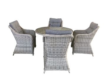Havemøbelsæt model Sevilla. 4 stole + ø120cm bord i mixed gråt rundt polyrattan.