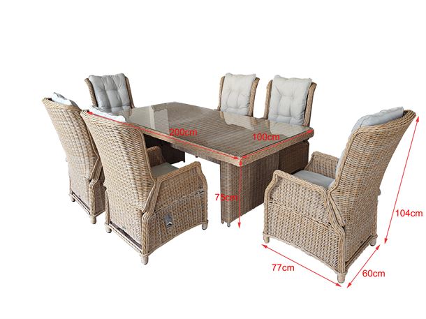 Havemøbelsæt - 2m bord med 6 stk Lux Hvilestole model Santander - naturfarvet polyrattan.