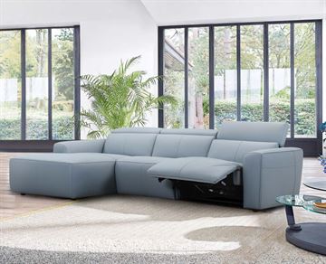 Victoria Lædersofa m/reclinerfodstøtte - Venstrevendt chaiselong - Blågrå