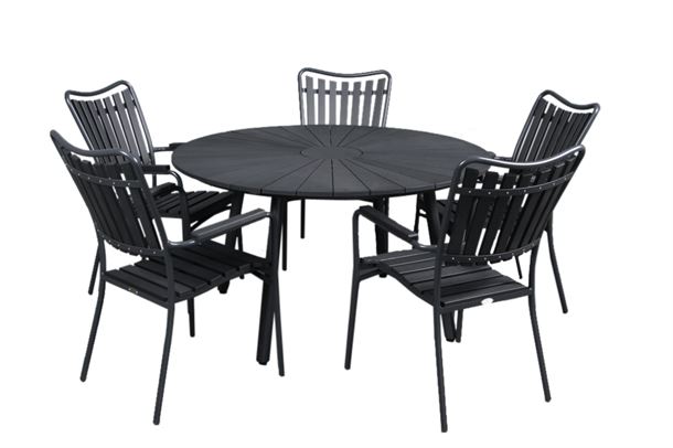 Rundt Havebord ø130cm  i sort artwood  + 5 stole
