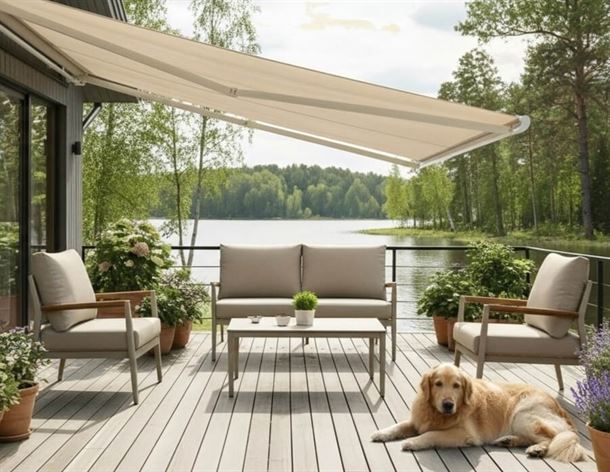 Bøg markise, m/LED lys og motor, beige/hvid, 4,8 x 3,0 m <SPAN STYLE=\'color:#d0121a;\'>FORUDBESTIL</SPAN>  