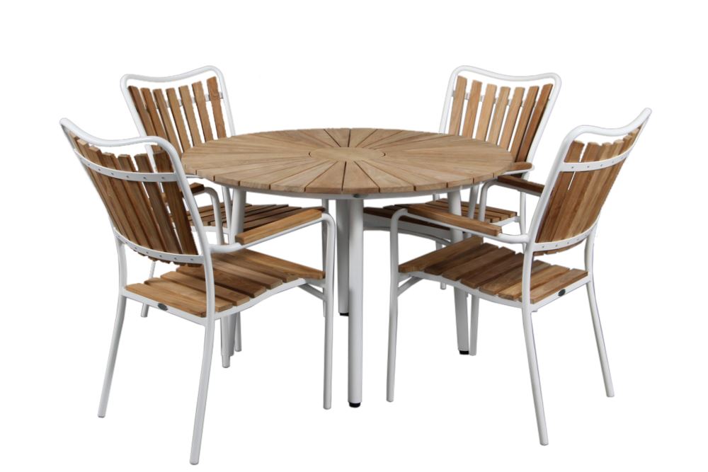 let rapport Slagskib Teak ø110 cm havebord med 4 stole