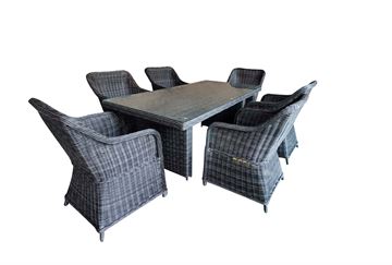 Havesæt model Sevilla. 6 stole + 200 cm bord i mixed sort rundt polyrattan.